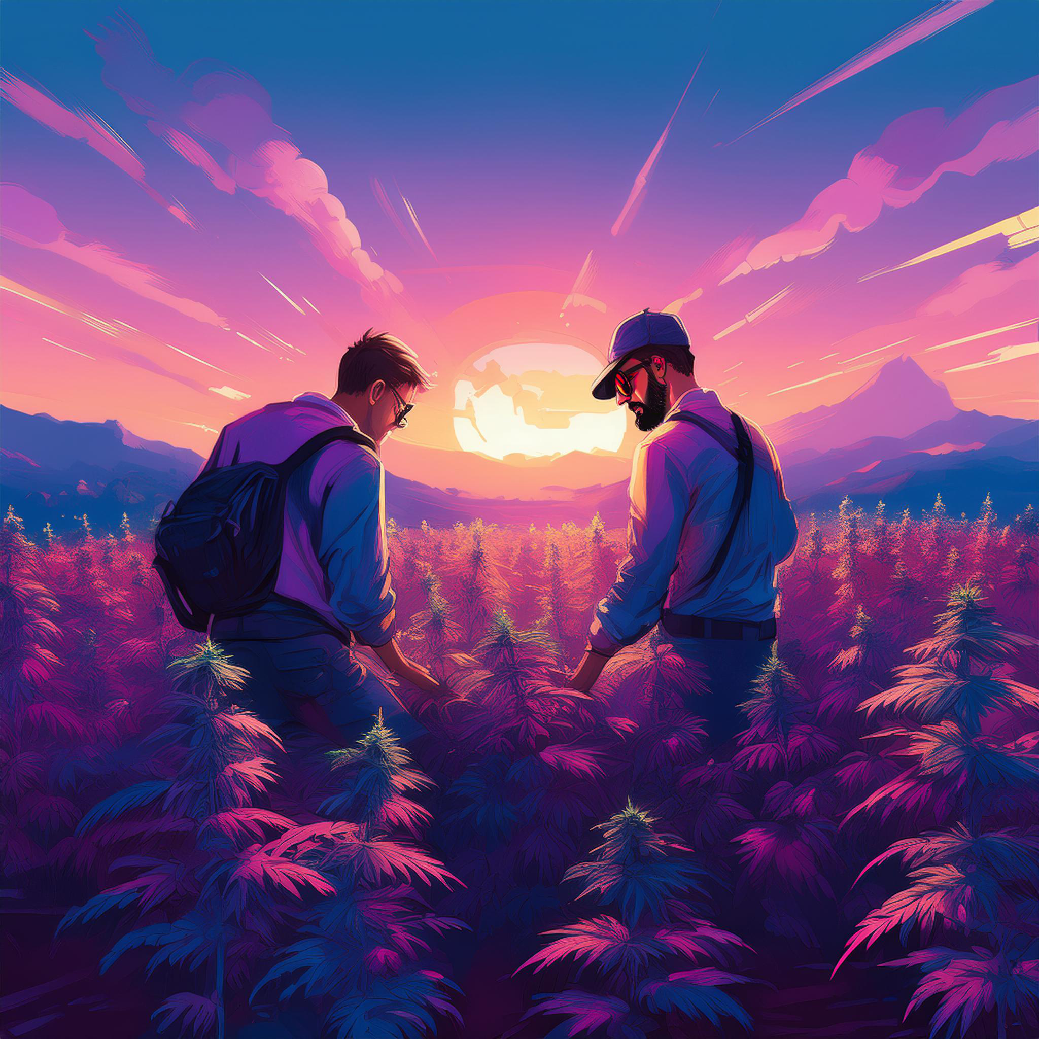 Gaetan et Thibaud dans un champs de CBD stylisé