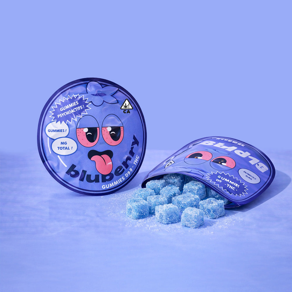 Pochons designs de gummies au CBD bleus