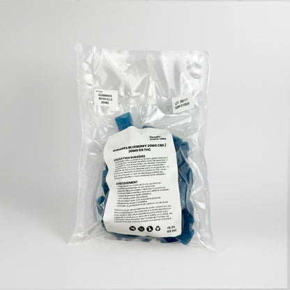 Pochon sous vide de gummies au THC goûts myrtille à 30mg de CBD recto